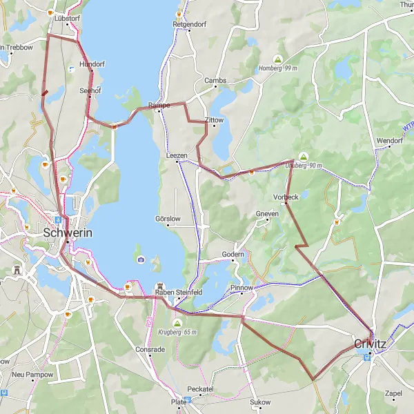 Map miniature of "Gravel Adventure: Lakes and Forests" cycling inspiration in Mecklenburg-Vorpommern, Germany. Generated by Tarmacs.app cycling route planner