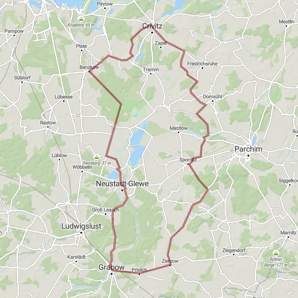 Map miniature of "Crivitz to Neustadt-Glewe Gravel Challenge" cycling inspiration in Mecklenburg-Vorpommern, Germany. Generated by Tarmacs.app cycling route planner