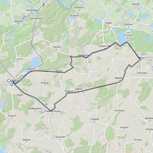 Map miniature of "The Short and Scenic Route" cycling inspiration in Mecklenburg-Vorpommern, Germany. Generated by Tarmacs.app cycling route planner