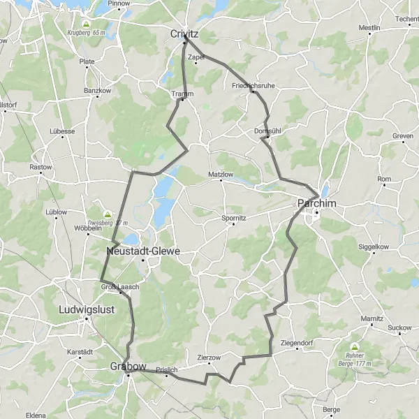 Map miniature of "The Epic Countryside Challenge" cycling inspiration in Mecklenburg-Vorpommern, Germany. Generated by Tarmacs.app cycling route planner