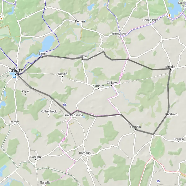 Map miniature of "The Countryside Loop" cycling inspiration in Mecklenburg-Vorpommern, Germany. Generated by Tarmacs.app cycling route planner