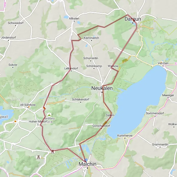 Map miniature of "Gravel Route around Dargun" cycling inspiration in Mecklenburg-Vorpommern, Germany. Generated by Tarmacs.app cycling route planner