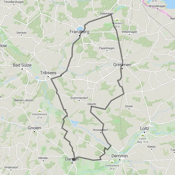 Map miniature of "Exploring Grimmen" cycling inspiration in Mecklenburg-Vorpommern, Germany. Generated by Tarmacs.app cycling route planner