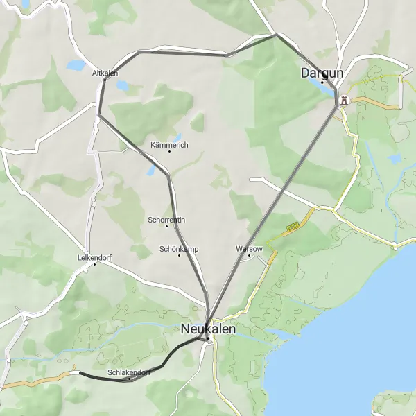 Map miniature of "The Neukalen Loop" cycling inspiration in Mecklenburg-Vorpommern, Germany. Generated by Tarmacs.app cycling route planner