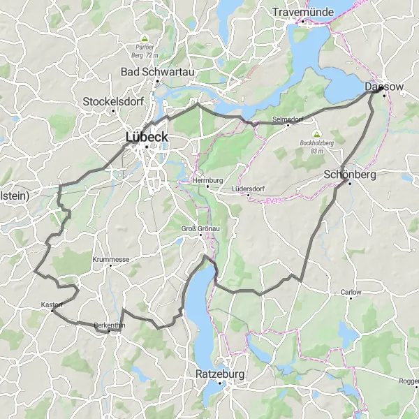 Karten-Miniaturansicht der Radinspiration "Rundweg nach Niendorf und Selmsdorf" in Mecklenburg-Vorpommern, Germany. Erstellt vom Tarmacs.app-Routenplaner für Radtouren