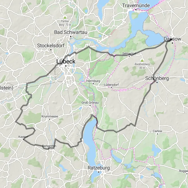 Map miniature of "Dassow-Niendorf-Utecht-Pogeez-Sankt Petri-Dassow" cycling inspiration in Mecklenburg-Vorpommern, Germany. Generated by Tarmacs.app cycling route planner