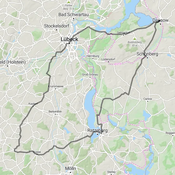 Map miniature of "Dassow-Niendorf-Albsfelder Berg-Nusse-Labenz-Dassow" cycling inspiration in Mecklenburg-Vorpommern, Germany. Generated by Tarmacs.app cycling route planner