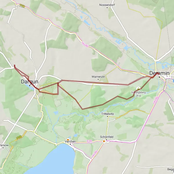 Map miniature of "Warrenzin and Dargun Gravel Ride" cycling inspiration in Mecklenburg-Vorpommern, Germany. Generated by Tarmacs.app cycling route planner