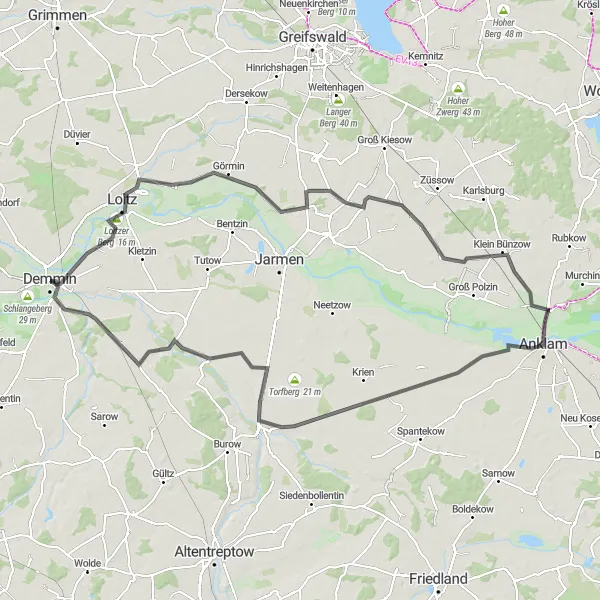 Karten-Miniaturansicht der Radinspiration "Demmin und Umgebung entdecken" in Mecklenburg-Vorpommern, Germany. Erstellt vom Tarmacs.app-Routenplaner für Radtouren