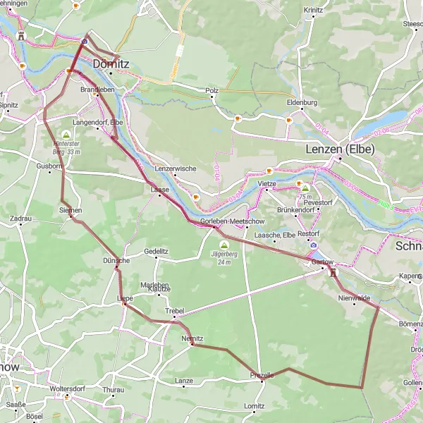 Map miniature of "The Elbe Loop" cycling inspiration in Mecklenburg-Vorpommern, Germany. Generated by Tarmacs.app cycling route planner