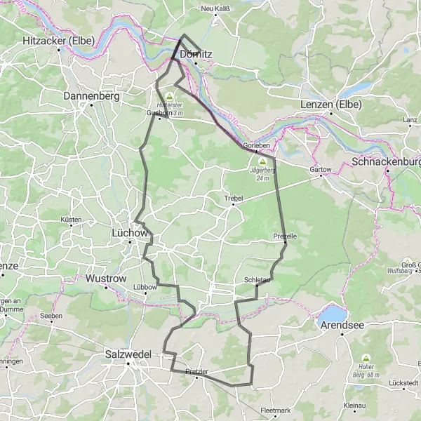 Map miniature of "The Elbe River Challenge" cycling inspiration in Mecklenburg-Vorpommern, Germany. Generated by Tarmacs.app cycling route planner