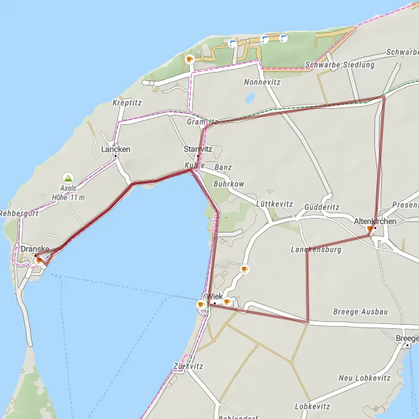 Map miniature of "Wiek and Altenkirchen Loop" cycling inspiration in Mecklenburg-Vorpommern, Germany. Generated by Tarmacs.app cycling route planner