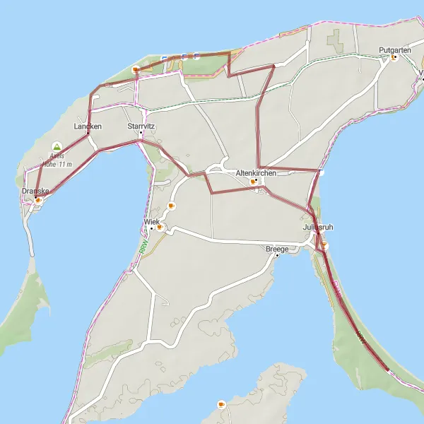 Map miniature of "Exploring the Coastline from Dranske" cycling inspiration in Mecklenburg-Vorpommern, Germany. Generated by Tarmacs.app cycling route planner