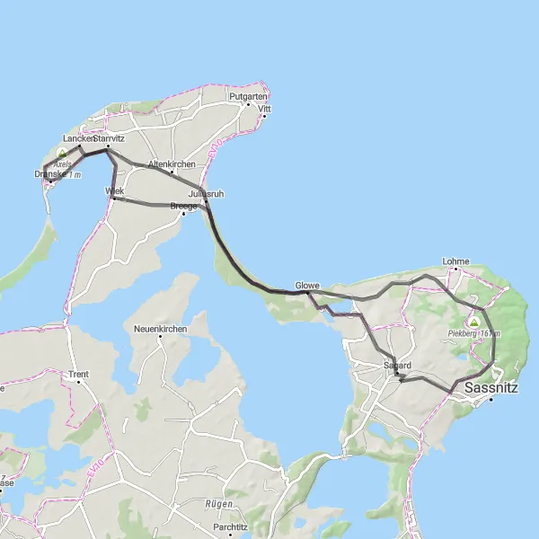 Map miniature of "Coastal Beauty: Glowe to Breege" cycling inspiration in Mecklenburg-Vorpommern, Germany. Generated by Tarmacs.app cycling route planner