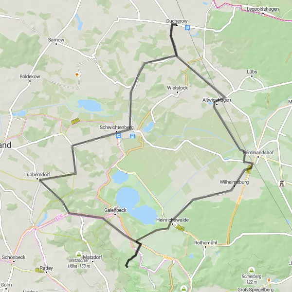 Karten-Miniaturansicht der Radinspiration "Schloss Ducherow Rundweg" in Mecklenburg-Vorpommern, Germany. Erstellt vom Tarmacs.app-Routenplaner für Radtouren