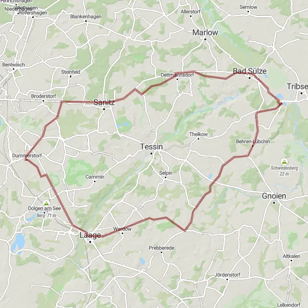 Map miniature of "The Gravel Loop: Dummerstorf and Surroundings" cycling inspiration in Mecklenburg-Vorpommern, Germany. Generated by Tarmacs.app cycling route planner