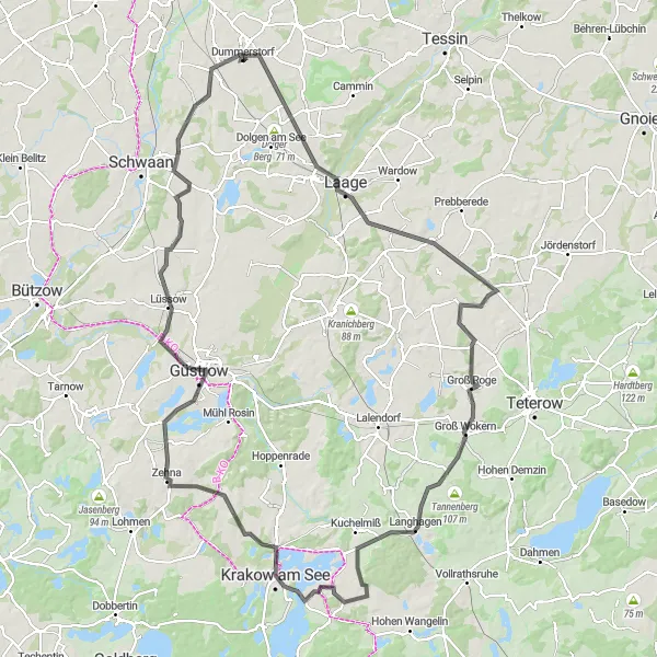 Karten-Miniaturansicht der Radinspiration "Epische Tour von Laage nach Güstrow" in Mecklenburg-Vorpommern, Germany. Erstellt vom Tarmacs.app-Routenplaner für Radtouren