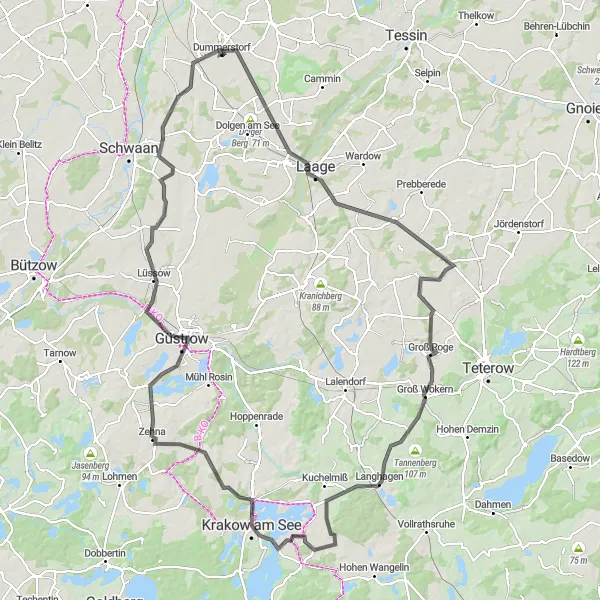 Map miniature of "Krakow am See Loop" cycling inspiration in Mecklenburg-Vorpommern, Germany. Generated by Tarmacs.app cycling route planner