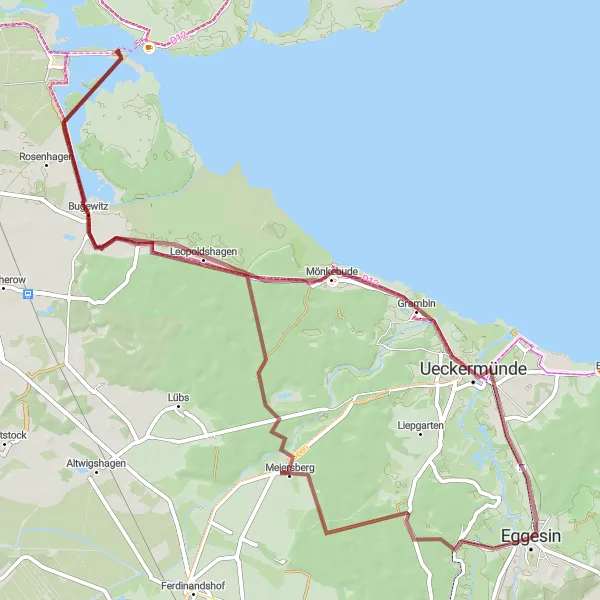 Map miniature of "Eggesin Gravel Adventure" cycling inspiration in Mecklenburg-Vorpommern, Germany. Generated by Tarmacs.app cycling route planner