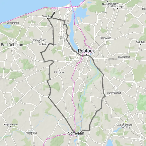 Karten-Miniaturansicht der Radinspiration "Rundweg von Elmenhorst nach Lambrechtshagen" in Mecklenburg-Vorpommern, Germany. Erstellt vom Tarmacs.app-Routenplaner für Radtouren