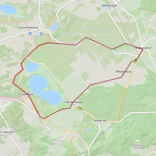 Map miniature of "Ferdinandshof Shortcut" cycling inspiration in Mecklenburg-Vorpommern, Germany. Generated by Tarmacs.app cycling route planner