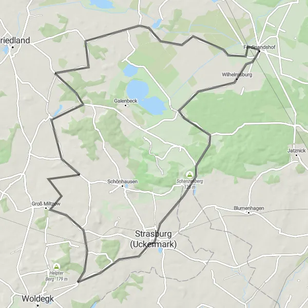 Map miniature of "The Scenic Uckermark Route" cycling inspiration in Mecklenburg-Vorpommern, Germany. Generated by Tarmacs.app cycling route planner