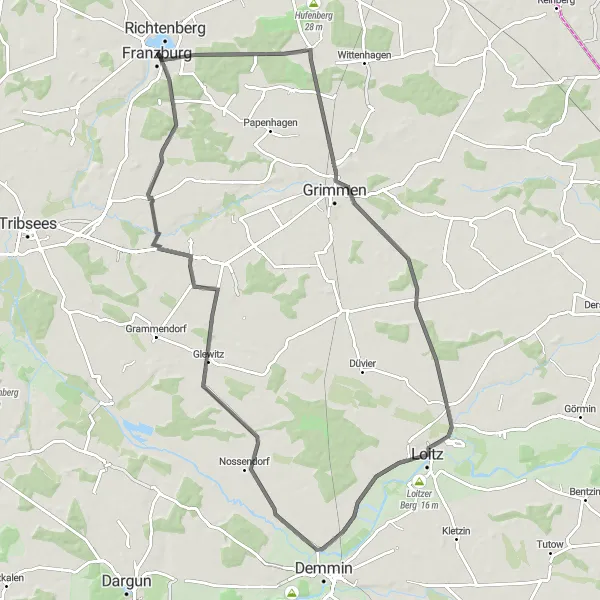 Map miniature of "Franzburg to Gremersdorf Road Route" cycling inspiration in Mecklenburg-Vorpommern, Germany. Generated by Tarmacs.app cycling route planner