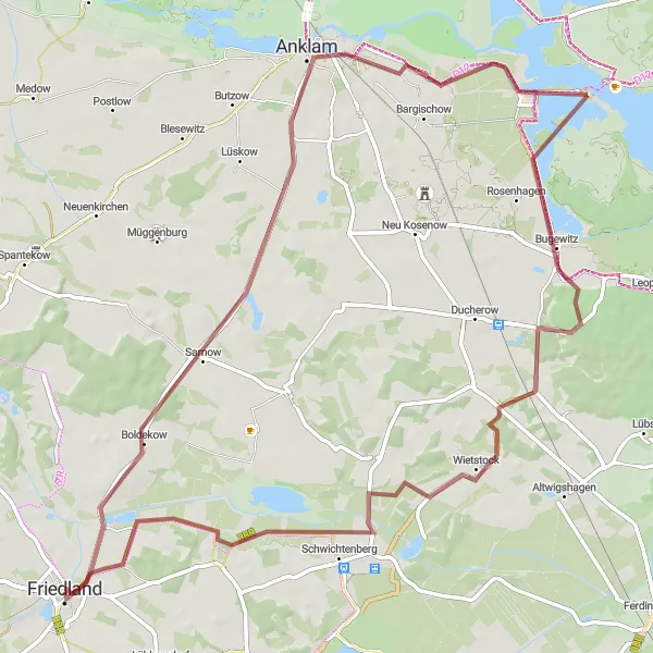 Karten-Miniaturansicht der Radinspiration "Gravel-Tour um Friedland entdecken" in Mecklenburg-Vorpommern, Germany. Erstellt vom Tarmacs.app-Routenplaner für Radtouren