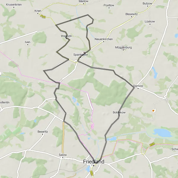 Karten-Miniaturansicht der Radinspiration "Rund um Friedland Road Radweg" in Mecklenburg-Vorpommern, Germany. Erstellt vom Tarmacs.app-Routenplaner für Radtouren