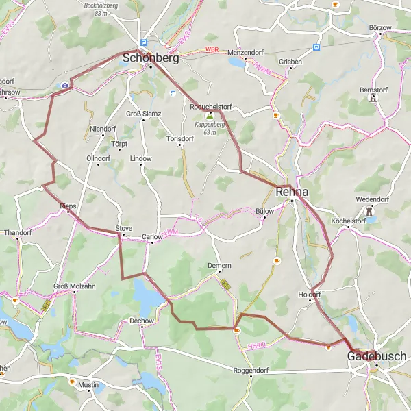 Map miniature of "Gadebusch - Röggeliner See - Holdorf Gravel Cycling Route" cycling inspiration in Mecklenburg-Vorpommern, Germany. Generated by Tarmacs.app cycling route planner