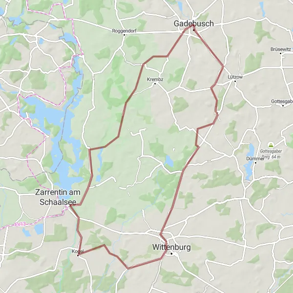 Map miniature of "Gadebusch - Renzow - Groß Salitz Gravel Cycling Route" cycling inspiration in Mecklenburg-Vorpommern, Germany. Generated by Tarmacs.app cycling route planner