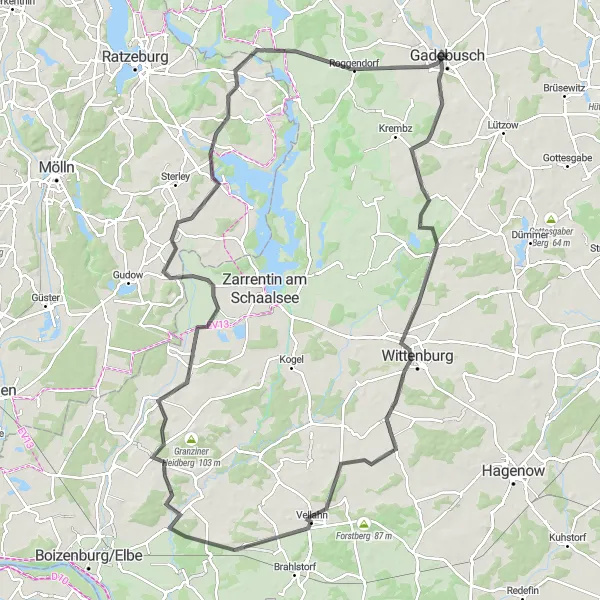 Map miniature of "Scenic Ride through Small Villages" cycling inspiration in Mecklenburg-Vorpommern, Germany. Generated by Tarmacs.app cycling route planner