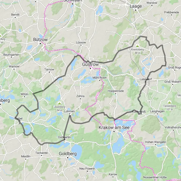 Map miniature of "Mustin Round Trip" cycling inspiration in Mecklenburg-Vorpommern, Germany. Generated by Tarmacs.app cycling route planner