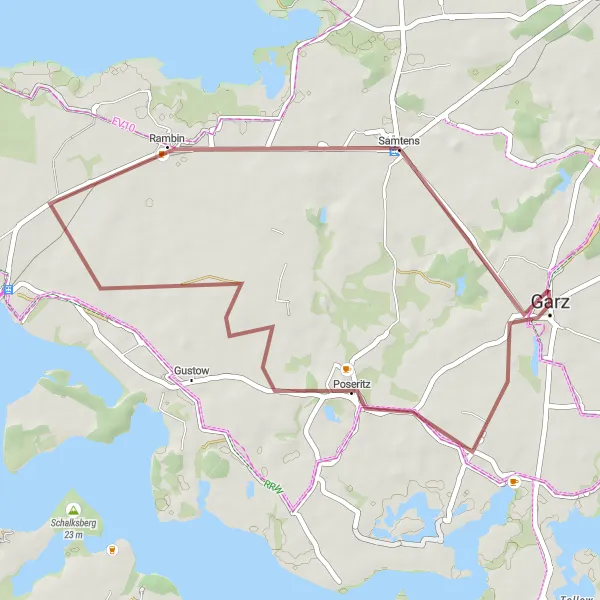 Map miniature of "Gravel Adventure from Garz" cycling inspiration in Mecklenburg-Vorpommern, Germany. Generated by Tarmacs.app cycling route planner