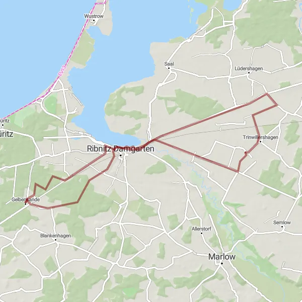 Map miniature of "Gelbensande to Trinwillershagen" cycling inspiration in Mecklenburg-Vorpommern, Germany. Generated by Tarmacs.app cycling route planner
