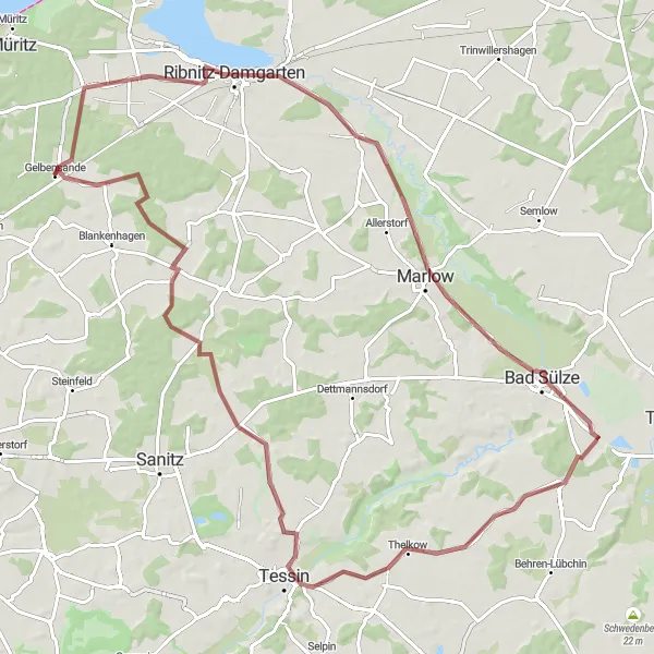 Map miniature of "Gravel Loop to Ribnitz-Damgarten" cycling inspiration in Mecklenburg-Vorpommern, Germany. Generated by Tarmacs.app cycling route planner