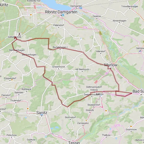 Karten-Miniaturansicht der Radinspiration "Gravelabenteuer um Gelbensande" in Mecklenburg-Vorpommern, Germany. Erstellt vom Tarmacs.app-Routenplaner für Radtouren