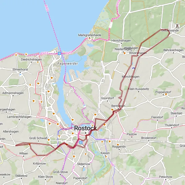 Map miniature of "Gravel Adventure to Rostock" cycling inspiration in Mecklenburg-Vorpommern, Germany. Generated by Tarmacs.app cycling route planner