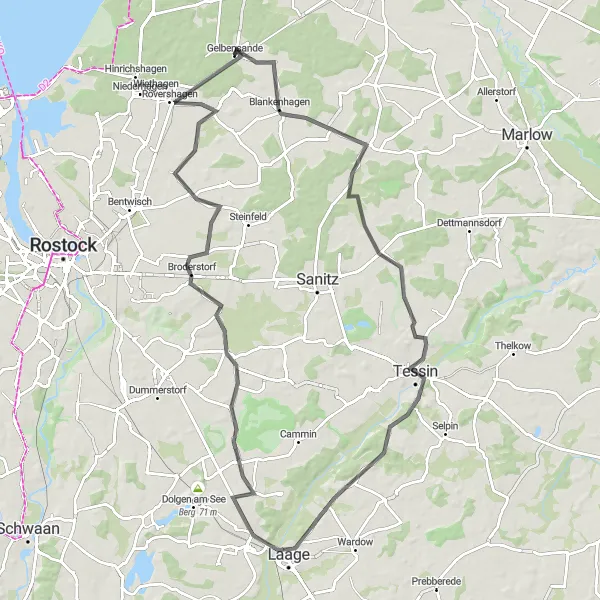 Map miniature of "Gelbensande to Rövershagen" cycling inspiration in Mecklenburg-Vorpommern, Germany. Generated by Tarmacs.app cycling route planner