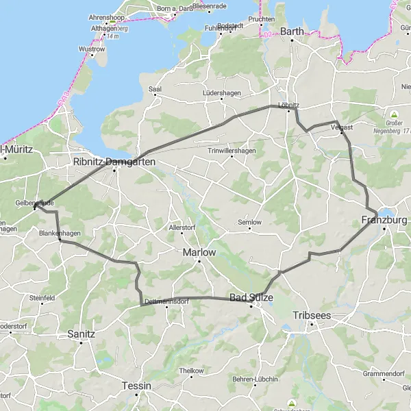 Map miniature of "Gelbensande to Blankenhagen" cycling inspiration in Mecklenburg-Vorpommern, Germany. Generated by Tarmacs.app cycling route planner