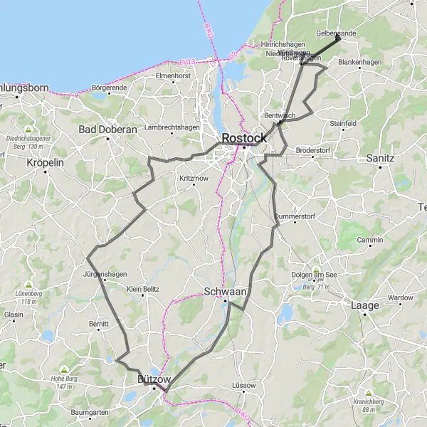 Map miniature of "Road Cycling Tour to Bützow" cycling inspiration in Mecklenburg-Vorpommern, Germany. Generated by Tarmacs.app cycling route planner