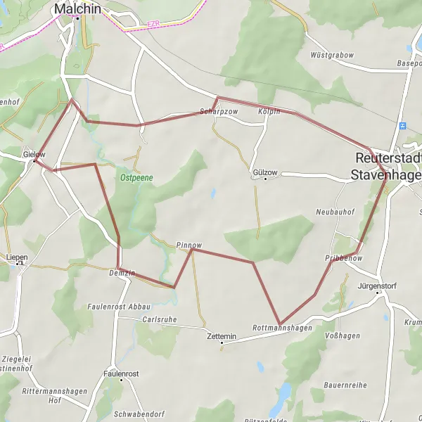 Map miniature of "Short Gravel Loop near Gielow" cycling inspiration in Mecklenburg-Vorpommern, Germany. Generated by Tarmacs.app cycling route planner