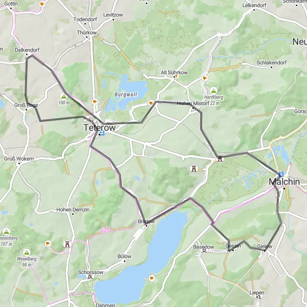 Map miniature of "Scenic Cycling Tour near Gielow" cycling inspiration in Mecklenburg-Vorpommern, Germany. Generated by Tarmacs.app cycling route planner