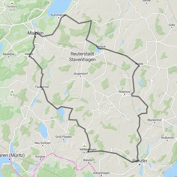 Map miniature of "Gielow - Grammentin - Ivenack - Penzlin Circuit" cycling inspiration in Mecklenburg-Vorpommern, Germany. Generated by Tarmacs.app cycling route planner