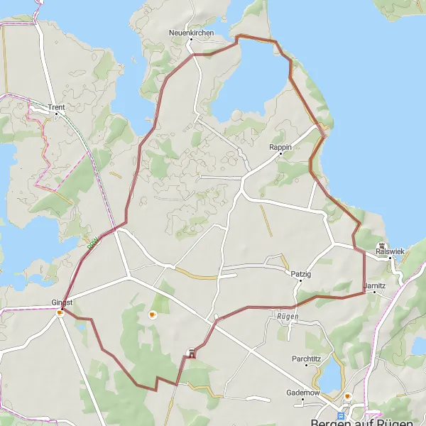 Map miniature of "Gravel Cycling Route with highlights near Gingst" cycling inspiration in Mecklenburg-Vorpommern, Germany. Generated by Tarmacs.app cycling route planner