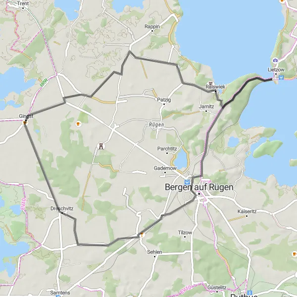 Map miniature of "Kluis to Gingst Road Cycling Route (Alternative)" cycling inspiration in Mecklenburg-Vorpommern, Germany. Generated by Tarmacs.app cycling route planner