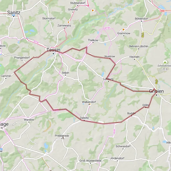 Map miniature of "Dalwitz Adventure" cycling inspiration in Mecklenburg-Vorpommern, Germany. Generated by Tarmacs.app cycling route planner