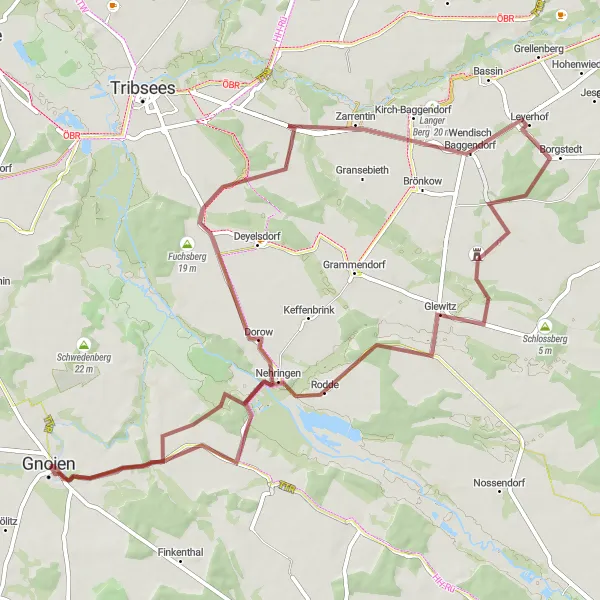 Map miniature of "Gnoien Grevelons" cycling inspiration in Mecklenburg-Vorpommern, Germany. Generated by Tarmacs.app cycling route planner