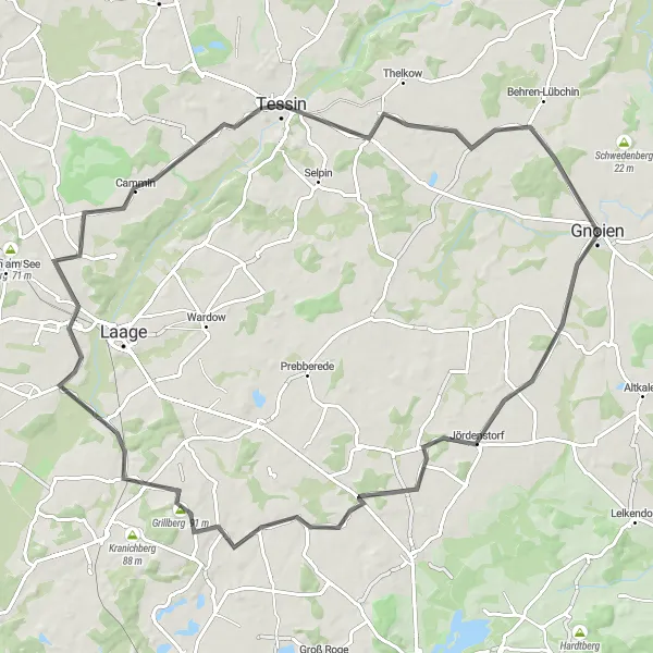 Karten-Miniaturansicht der Radinspiration "Erkunde die Hügellandschaften rund um Gnoien" in Mecklenburg-Vorpommern, Germany. Erstellt vom Tarmacs.app-Routenplaner für Radtouren