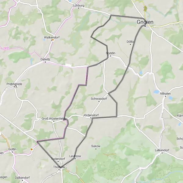 Map miniature of "Discover the Charm of Gnoien and Surroundings" cycling inspiration in Mecklenburg-Vorpommern, Germany. Generated by Tarmacs.app cycling route planner